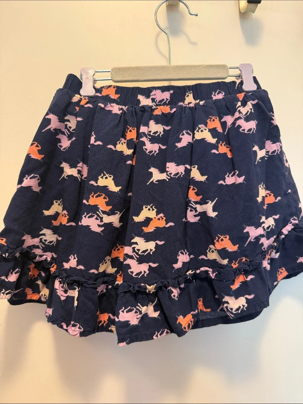 Girls Navy Unicorn Print Ruffle Skort - Pink, Lavender & Orange Accents